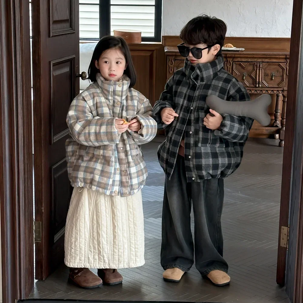 Children Clothes Kids Casual Down Jacket 2024 Winter Boys and Girls Korean Style Stand Collar Plaid Down Coat Short Thick Jacket