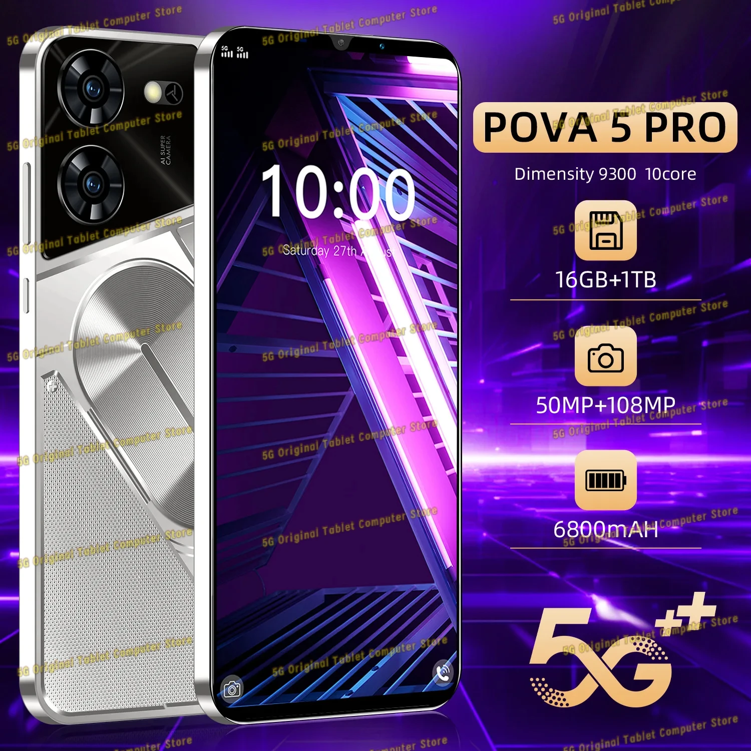 

Оригинальный смартфон Pova 5 Pro, телефон с планшетом Android 9300, 16 ГБ + 1 ТБ, 6800 мАч, 50 + 108 МП, 4G