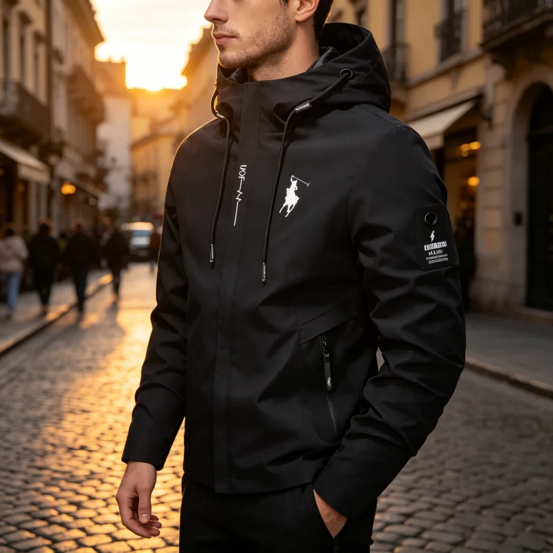 2026 Spring Men Loose Fit Woven Hooded Windbreaker, Waterproof Full Zip Multi-functional Outdoor Mountaineering Jacket