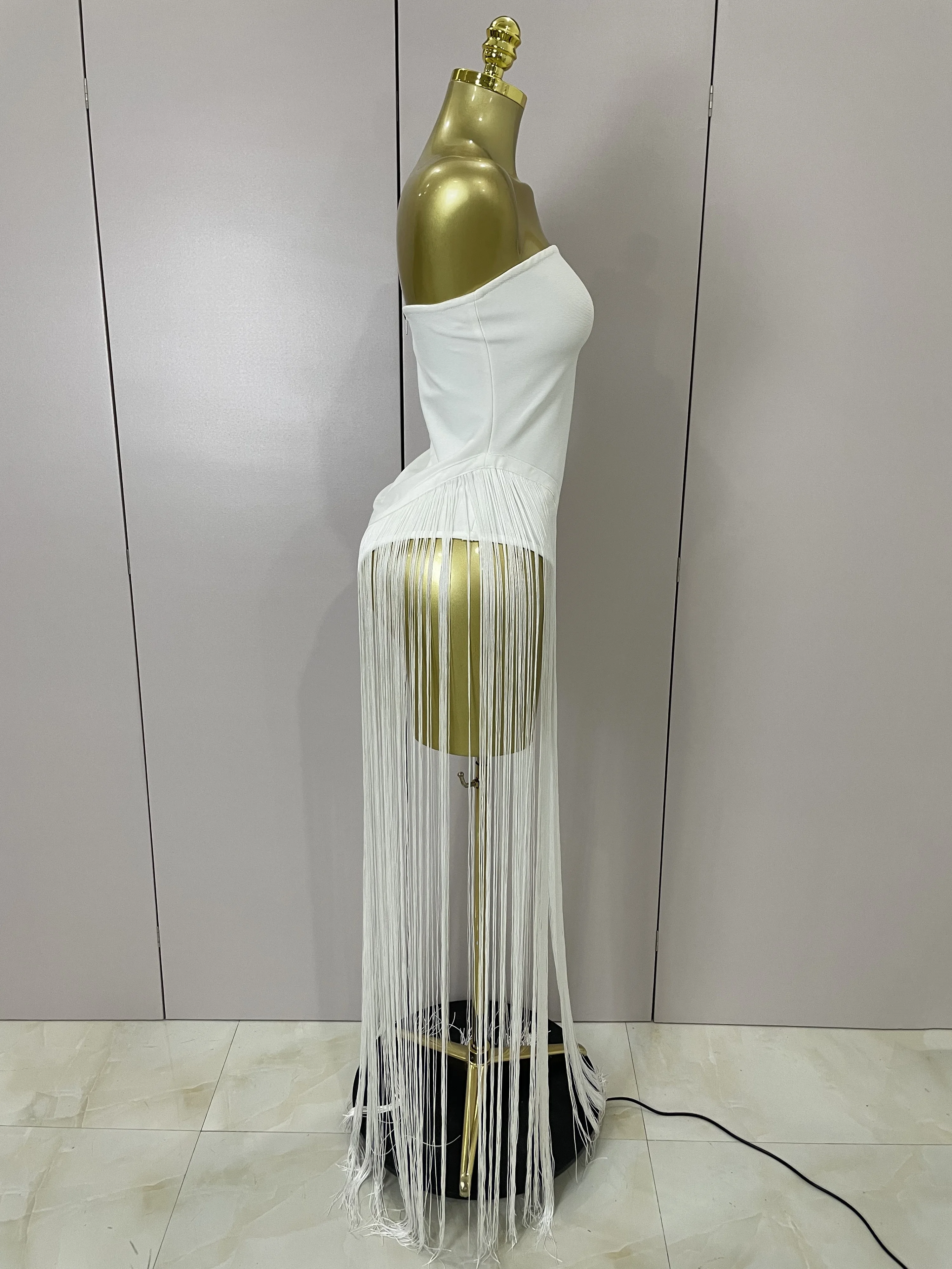 Sexy branco sem alças longo borlas bandagem bodysuit feminino elegante festa de noite luxo aniversário boate cantor palco outfit