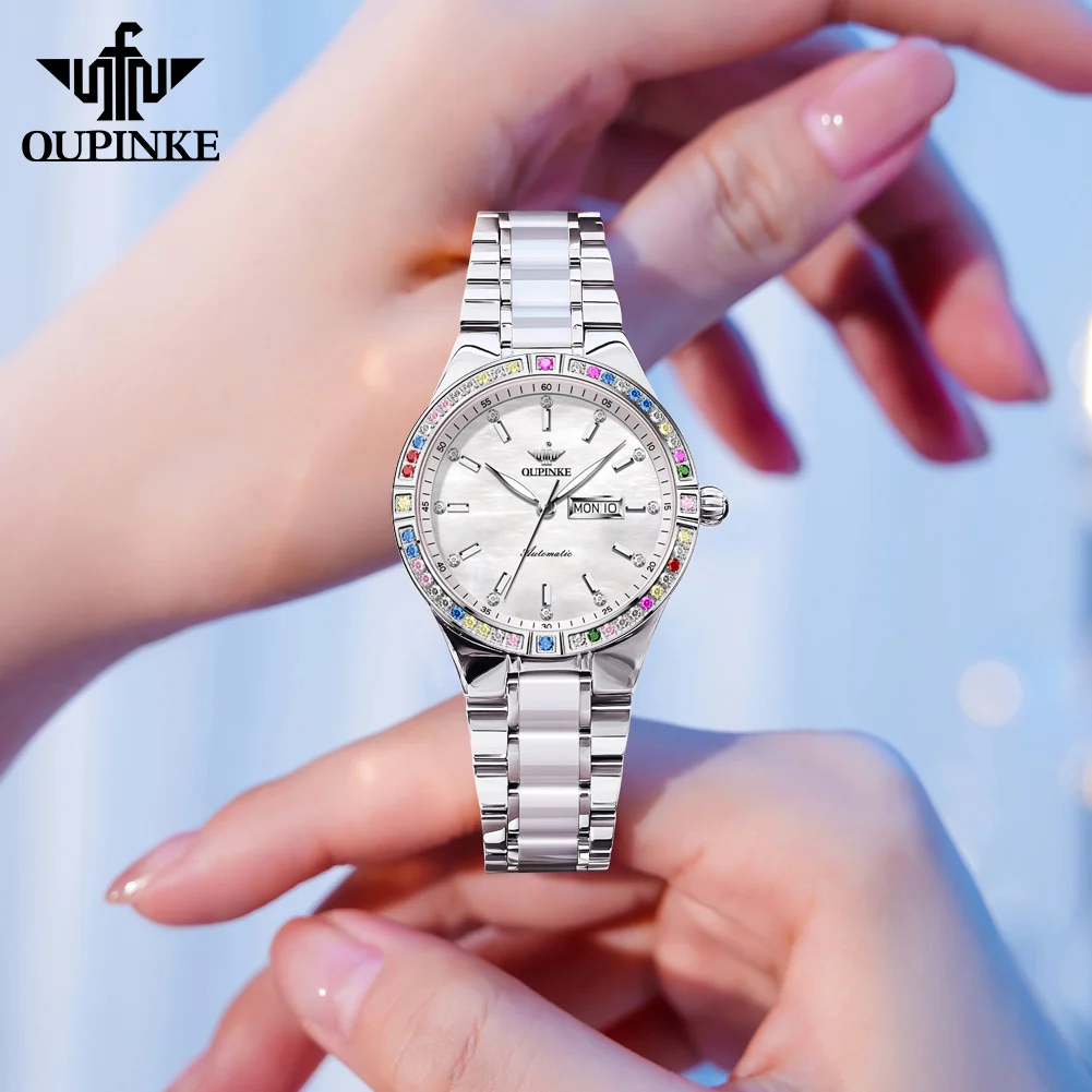 OUPINKE 3283 Luxury Dual Calendar Automatic Watch For Women Diamond Waterproof Mechanical Wristwatch Ceramic Steel Strap Watches