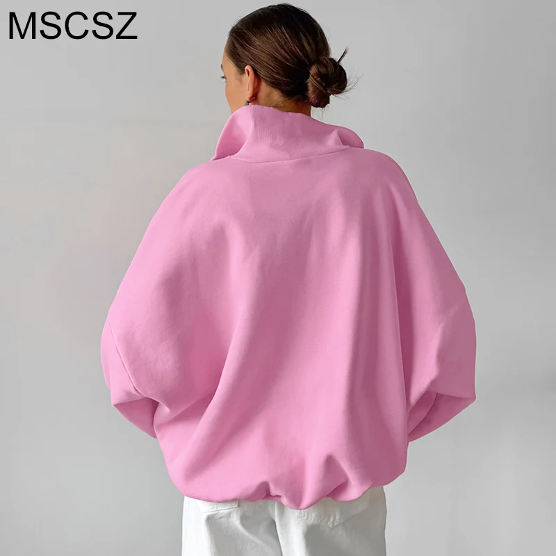 MSCSZ Pink Oversized Sweatshirt Women Stand Collar Zip Up Hoodie Y2K Streetwear Loose Casual Pullover Outerwear