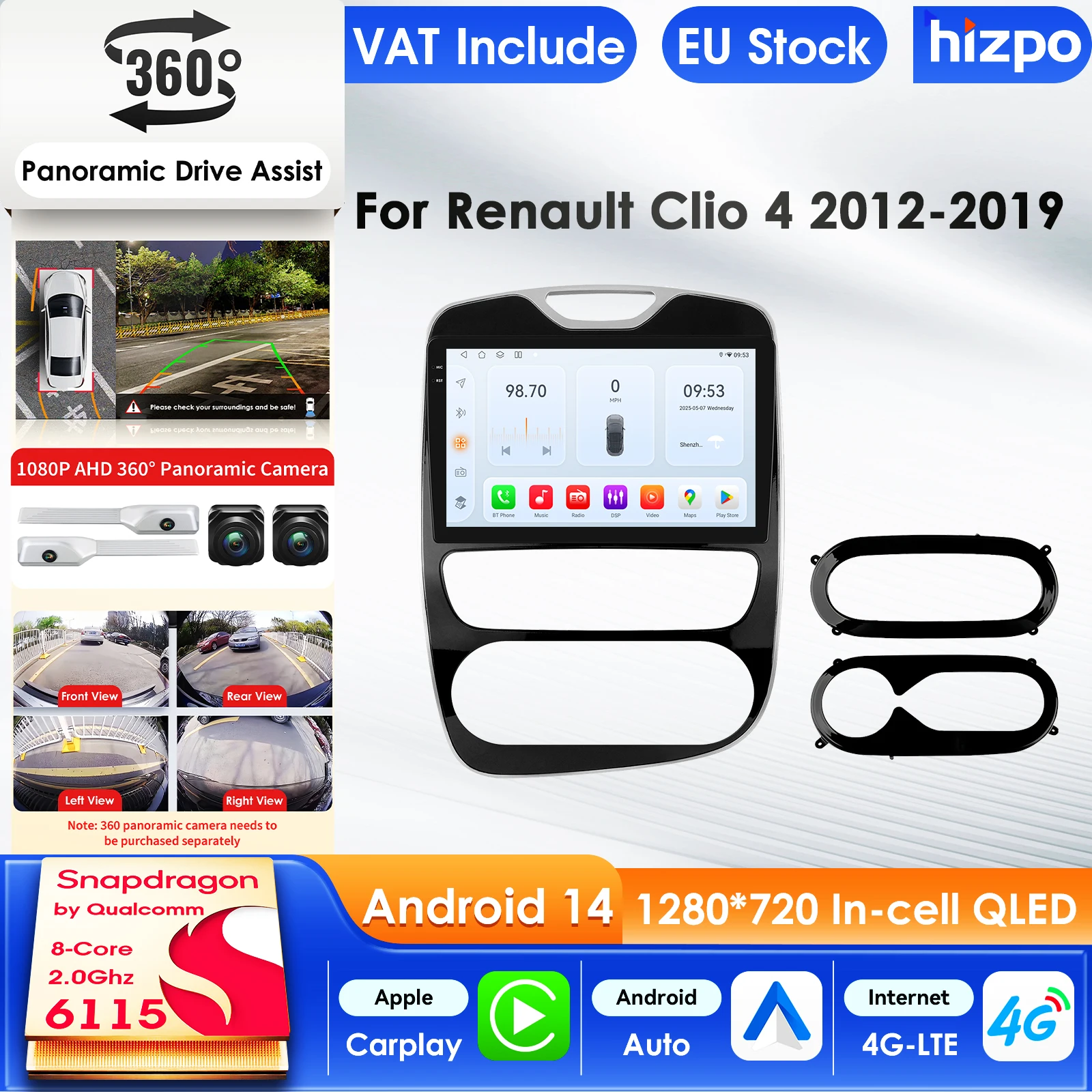 Autoradio Hizpo Carplay 6115 AI Systems 4G Android 14 pour Renault Clio 2012-2016, Lecteur Multimédia Vidéo GPS 2din, Écran Intelligent 10.1 Pouces QLED, Unité Centrale Automobile, Navigation 5G WIFI DSP, ADAS, USB, DVR, SWC, FM, AM, RDS, Caméra