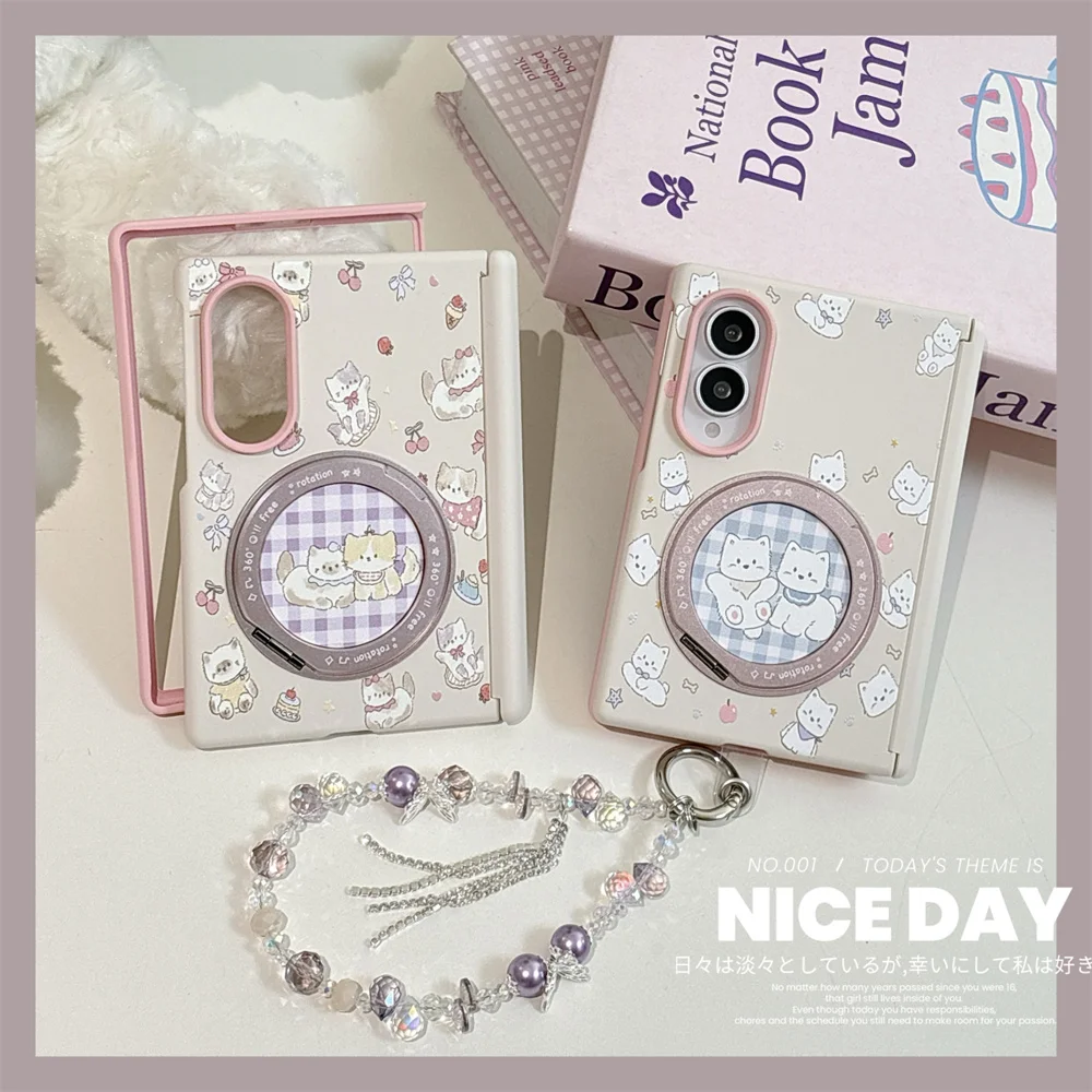 Fashion Pink cat Cartoon Magnetic Phone Case for Samsung Galaxy Z Fold 8 Ultra zfold 8 7 6 5 Cover For Magsafe Stand Chain