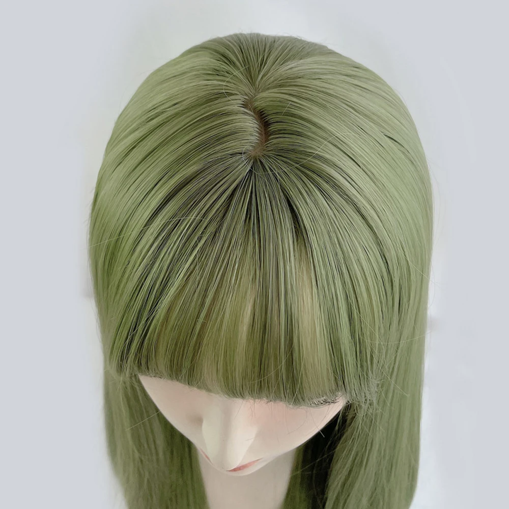 Pelucas verdes sintéticas largas y rectas con flequillo para mujer, peluca de pelo esponjosa Natural de Lolita para Cosplay para fiesta diaria