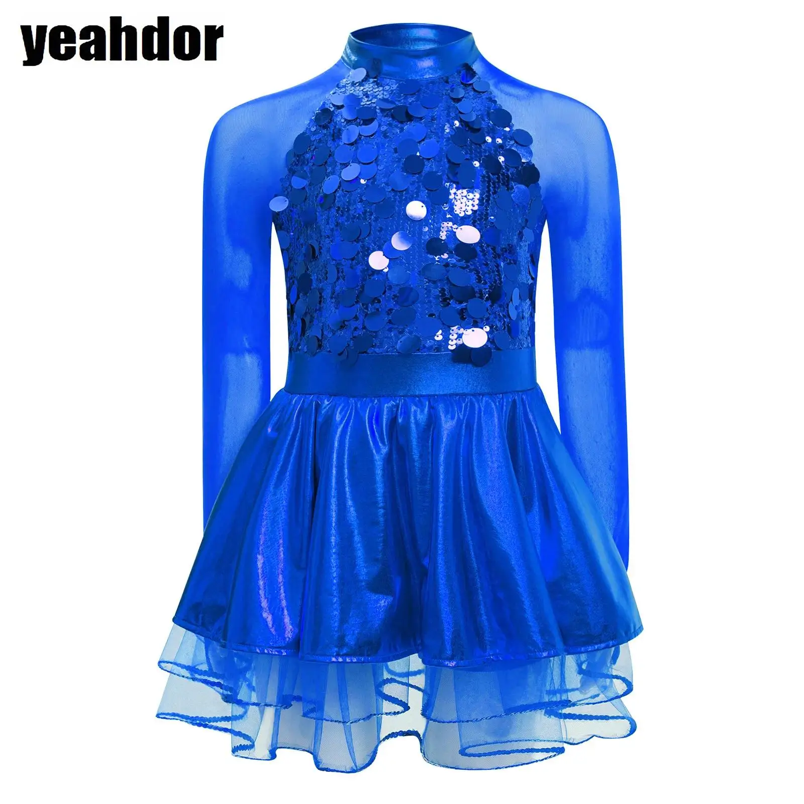 

Girls Sparkling Sequins Metallic Tutu Dress Jazz Ballet Dance Dress Long Sleeves Sheer Mesh Skating Gymnastics Leotard Dresses