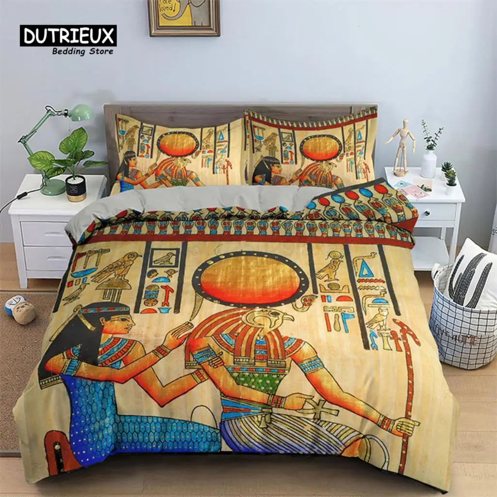 Egyptian Bedding Set Ancient Egypt Civilization Duvet Cover Set King Microfiber Exotic Retro Tribal Characters Comforter Cover