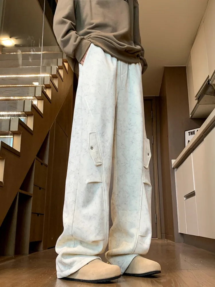 

American High Street Tie Dye Work Pants Men's Spring Autumn Loose Straight Leg Wide Leg Pants Folded Design Sensation Paratro...