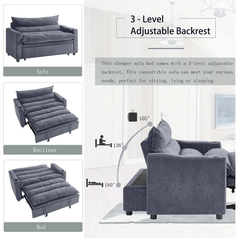 أريكة سرير متعددة الوظائف مقاس 56 بوصة، أريكة نوم مع مرتبة قابلة للسحب، فوتون مستلق 3 في 1 مع حاملات أكواب، St معاصر