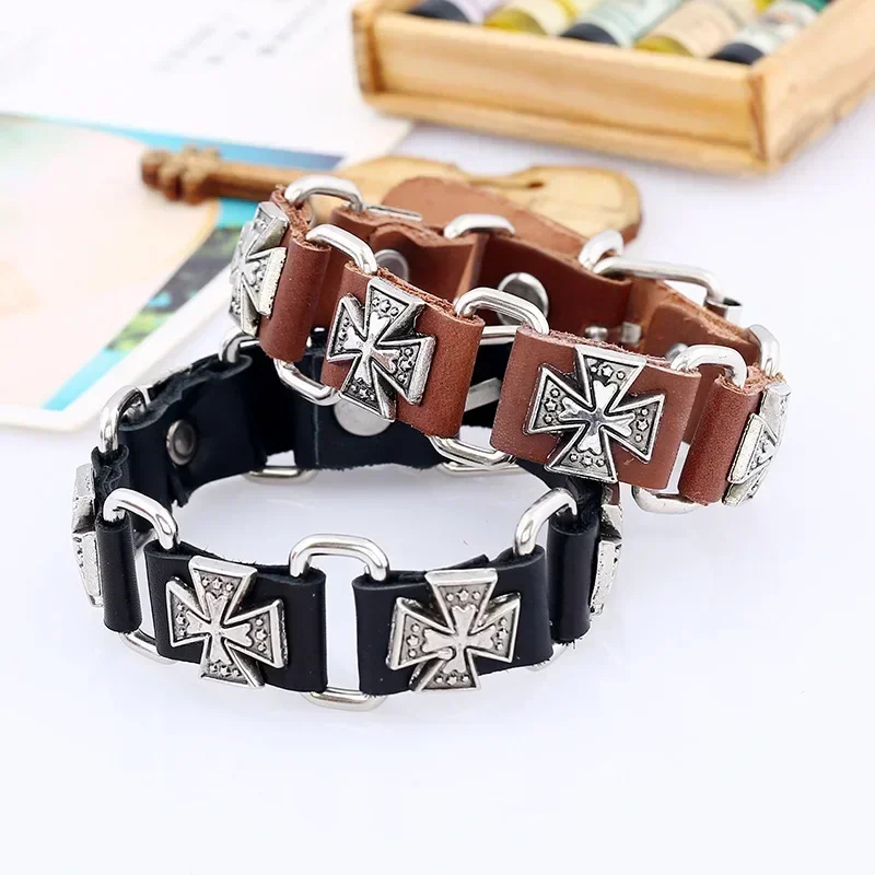 Retro Punk Connection Cowhide Alloy Cross Men\'s Leather Bracelet Brown Classic Trendy Casual Sporty Unisex Snap Button Jewelry