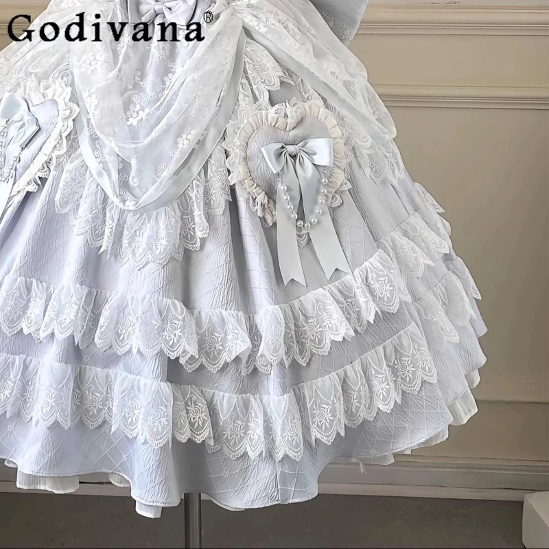 Blue Sweet Girl Doll Lace Lolita Dress Sleeveless Cosplay Birthday Princess Dress Women's Wedding Party Kawaii Dress