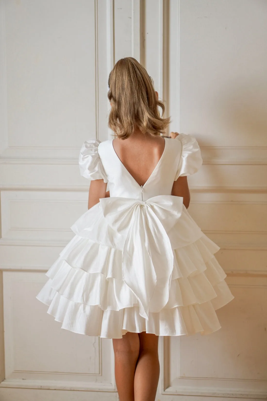 White First Communion Dress For Girls Puff Sleeves Multi-layered Lotus Leaf Flower Girl Skirt A-line Short Princess Tutu Skirt