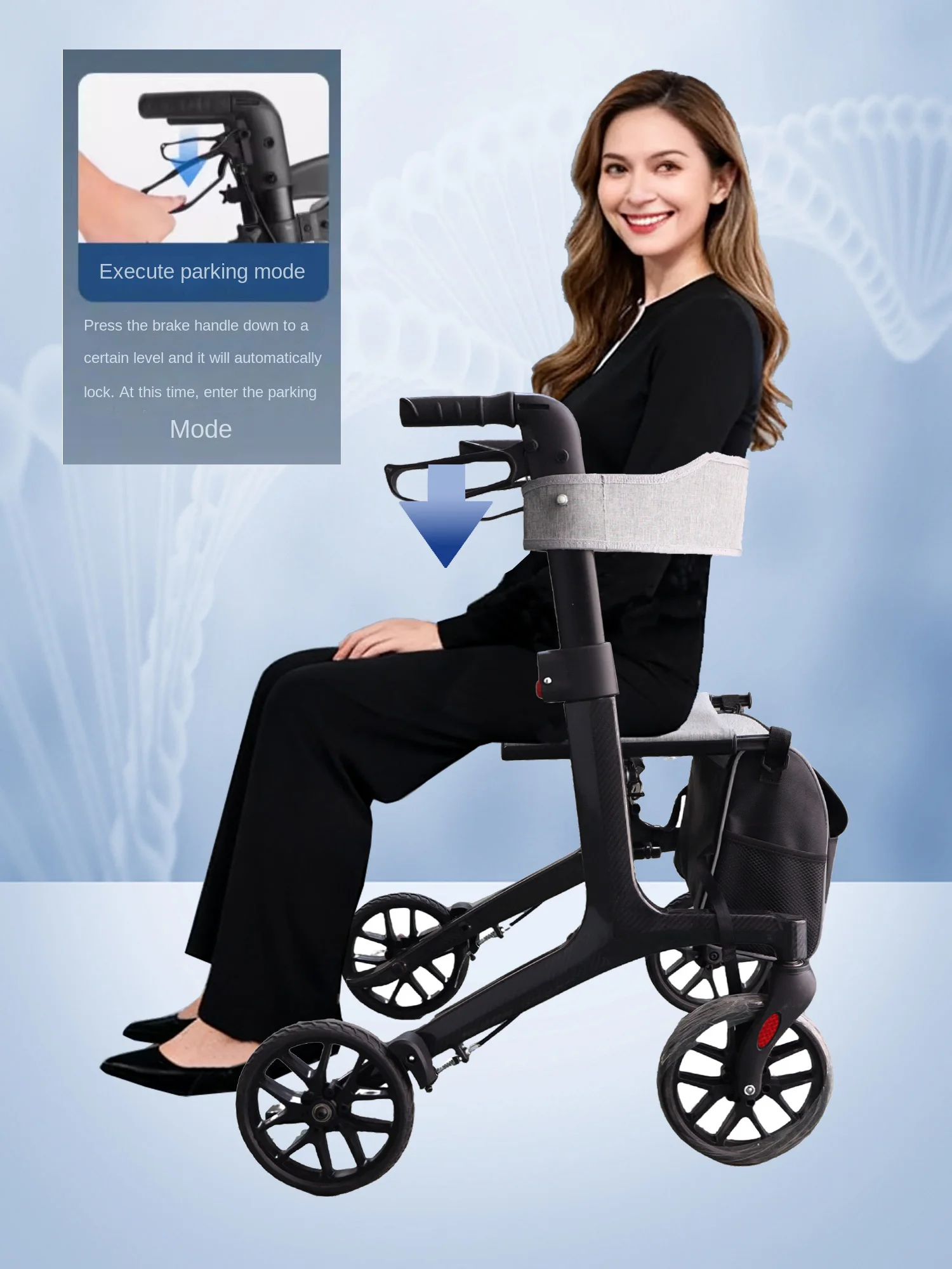 Rehabilitation Carbon fiber elderly walking aid with adjustable height, foldable, push or seat, four-wheel Walking Rollator  Car