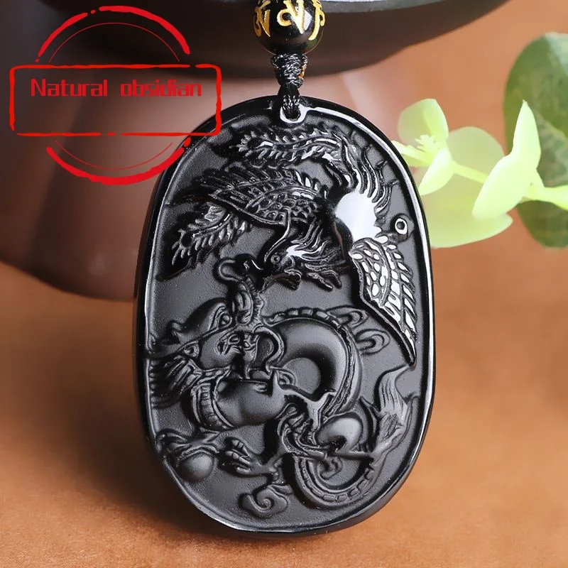 Natural Obsidian Dragon Phoenix Couple Pendant Men's and Women's Necklaces Chinese Style Amulet Pendant Dragon Phoenix Pendant