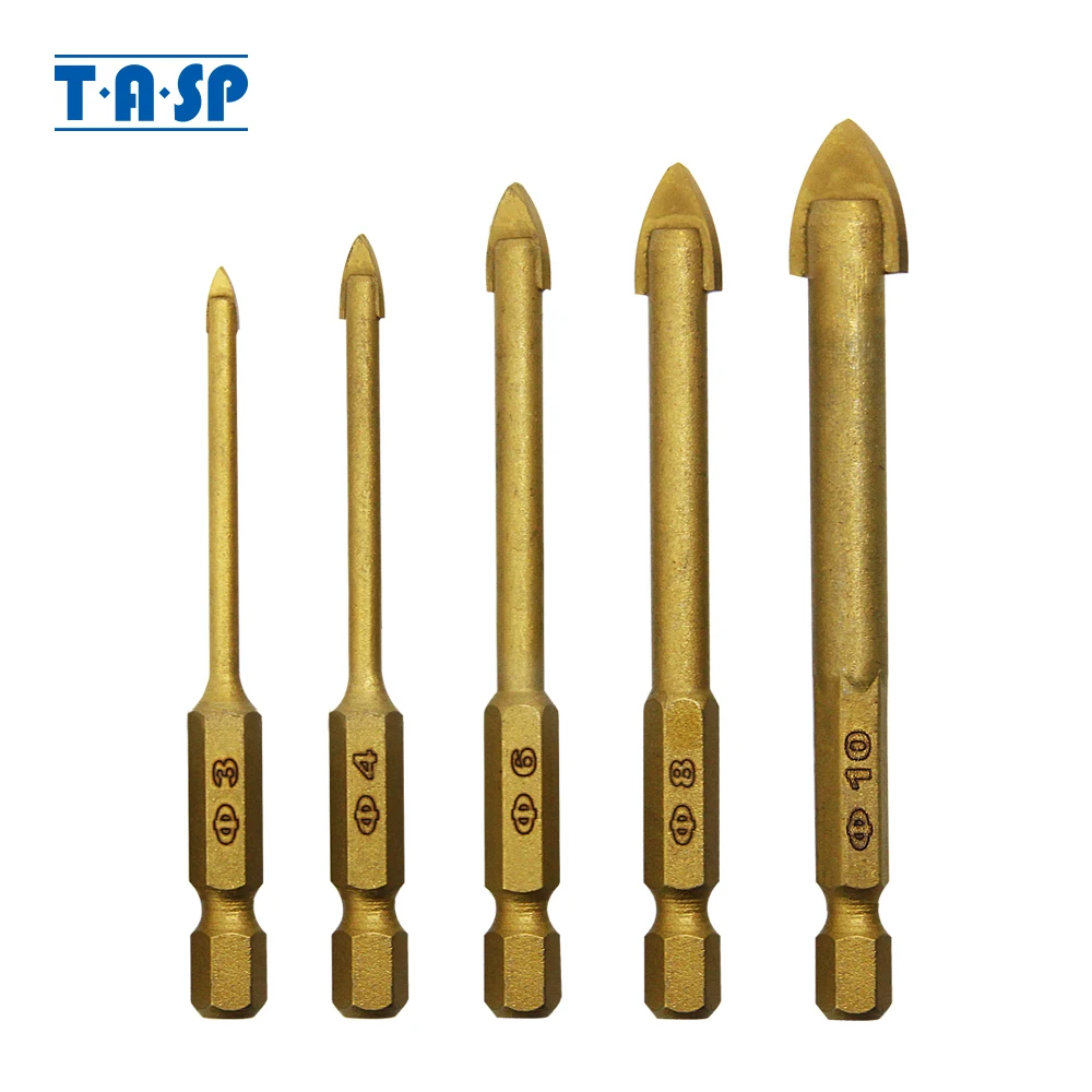 TASP 5pcs Glass Drill Bit Set Tungsten Carbide Titanium Coated Ceramic Tile Cutter 1/4