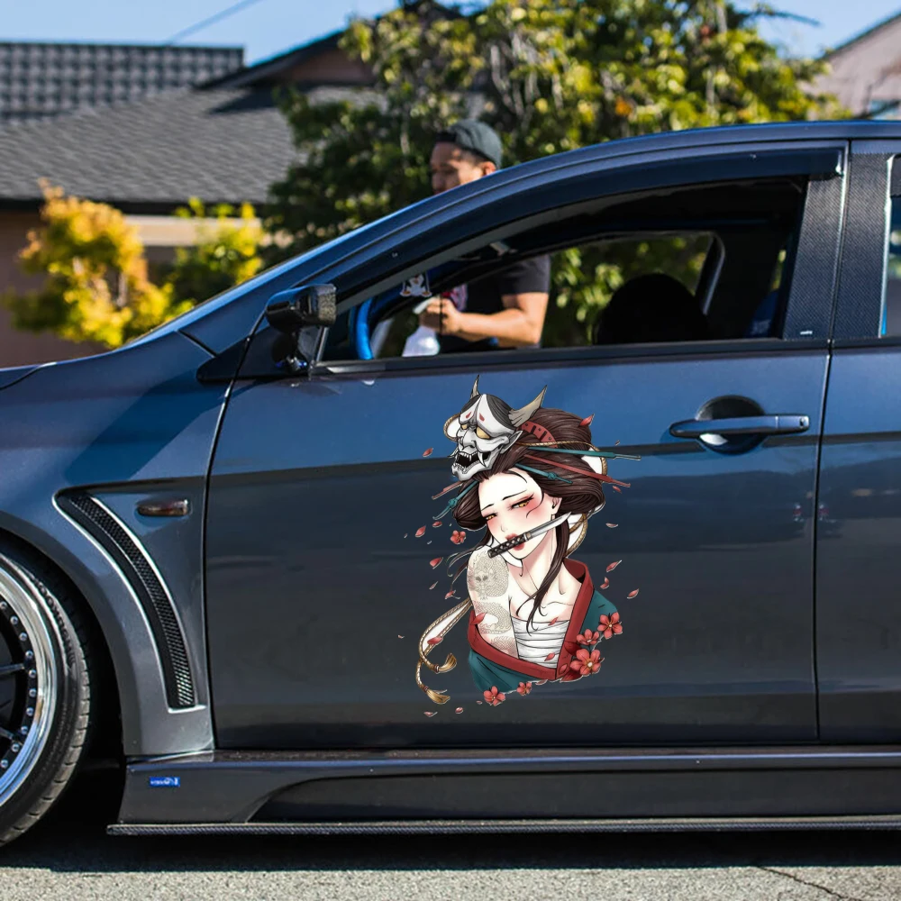 Cartoon Japanese Geisha Car Door Sticker Anime Movie Warrior Weapon Car Decal for JDM Racing Car Bumper Windscreen