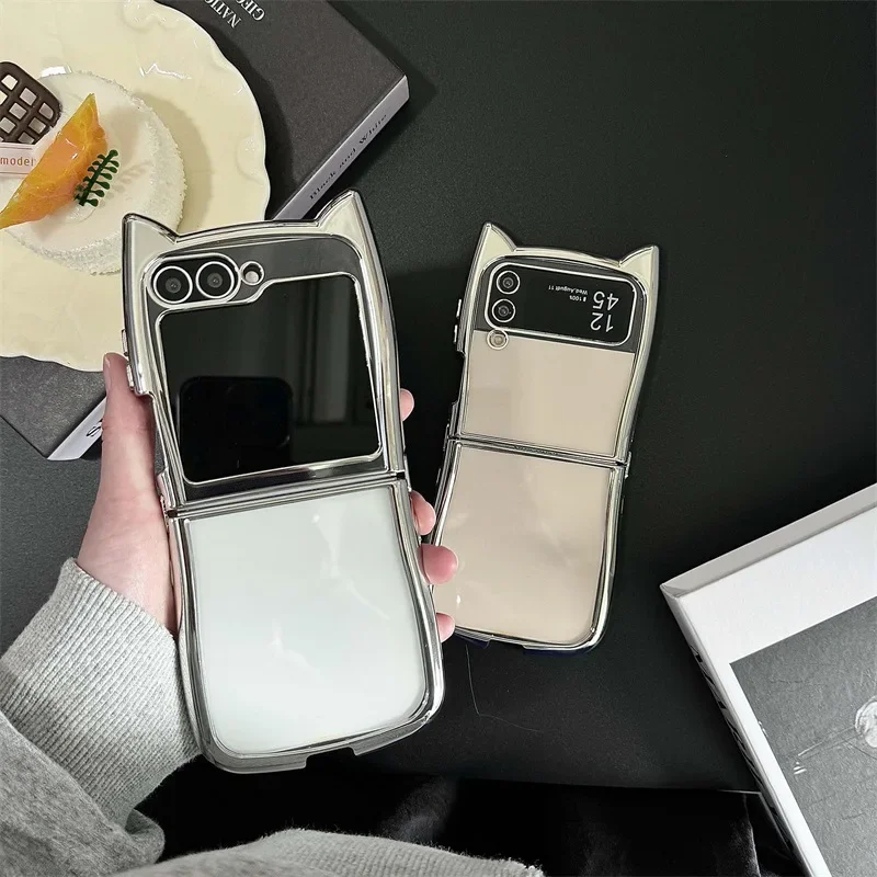 

Electroplated Border Cat Ears Phone Case for Samsung Galaxy Z Flip 6 5 4 3 Protective Back Cover for ZFlip4 ZFlip5 ZFlip6 Case