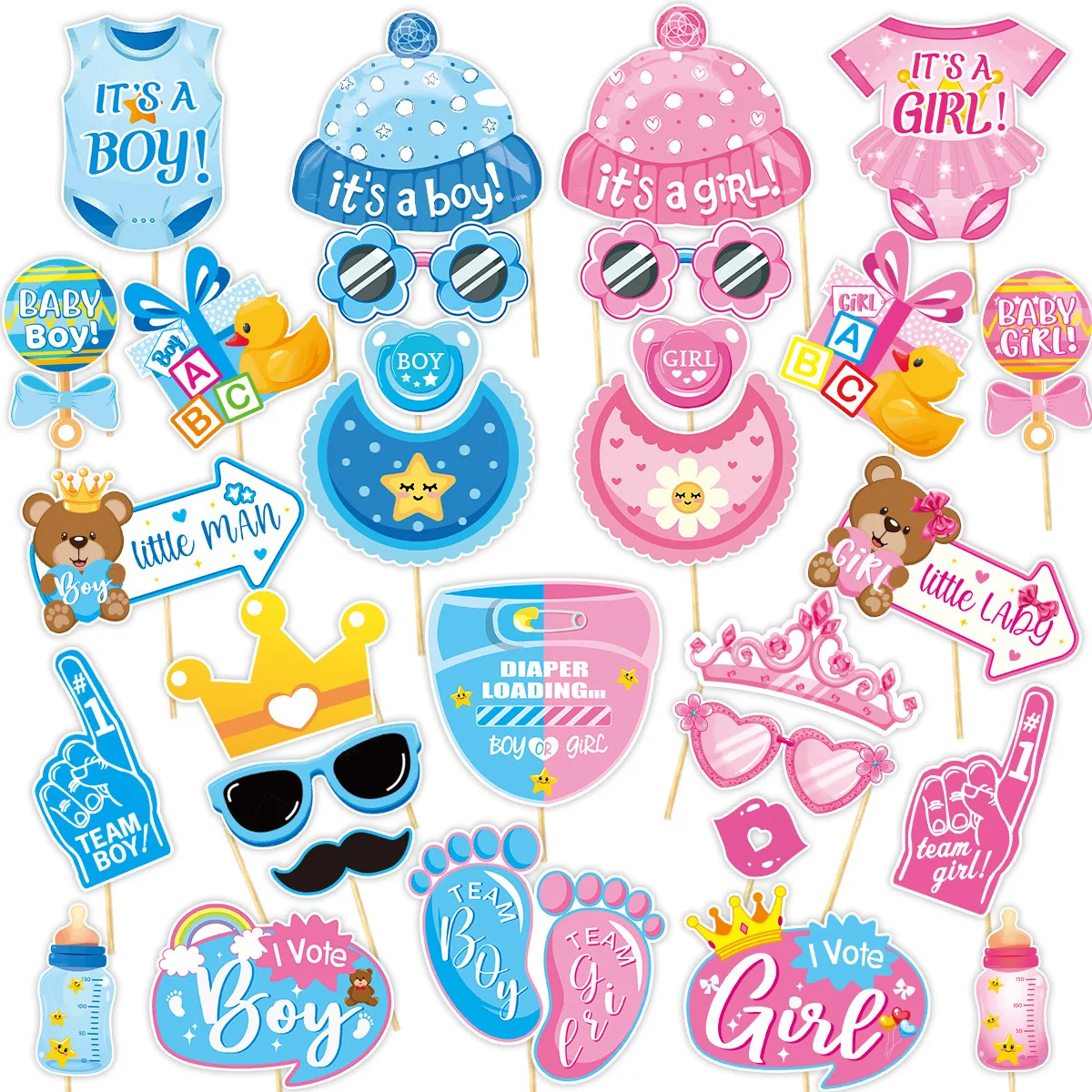 30-Piece Gender Reveal Party Decorations Photo Props Boy Girl Announcement Party Funny Photo Props Set for Celebrations