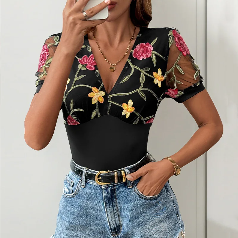 Women's Sexy Printed V-neck Short Sleeve Spring/summer Mesh Spliced Jacquard Jumpsuit 2025 Elegant Triangle Jumpsuit