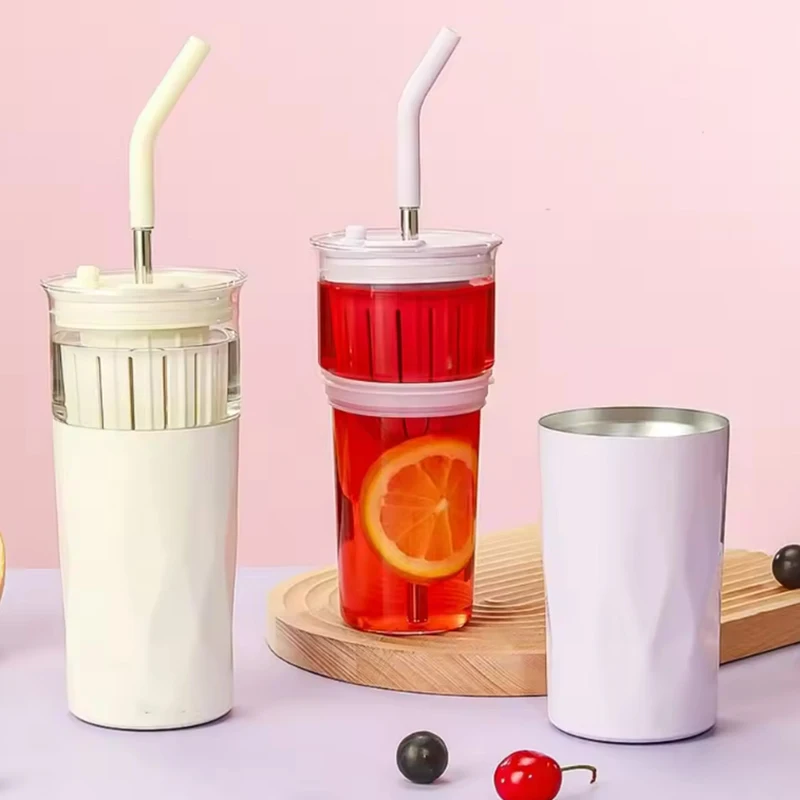 

Охлаждающая стеклянная кофейная чашка большой емкости, 650 мл, 2 в 1, со съемной двухслойной соломинкой из нержавеющей стали для путешествий