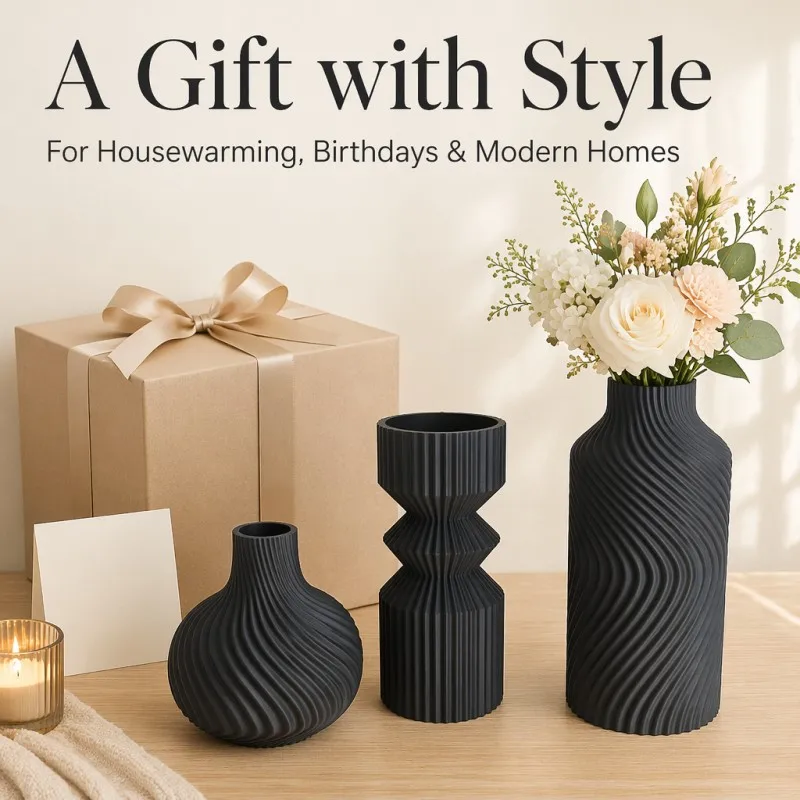 3Pcs Matte Black Vase Gift Set PLA 3D Printed Ribbed Swirl Vase Modern Home Decor For Housewarming Birthday Dried Pampas Grass T