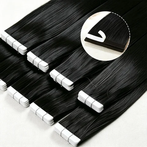21Pcs/Pack Tape In Hair Extensions 100% Human Hair Invisible Seamless PU Skin Weft No Weft Raw Hair Extensions Daily Wear Add Fuller Ends Human Hair 16-22 Inch Natural 1B Black Color Adhesive Tape Ins Hair For Women