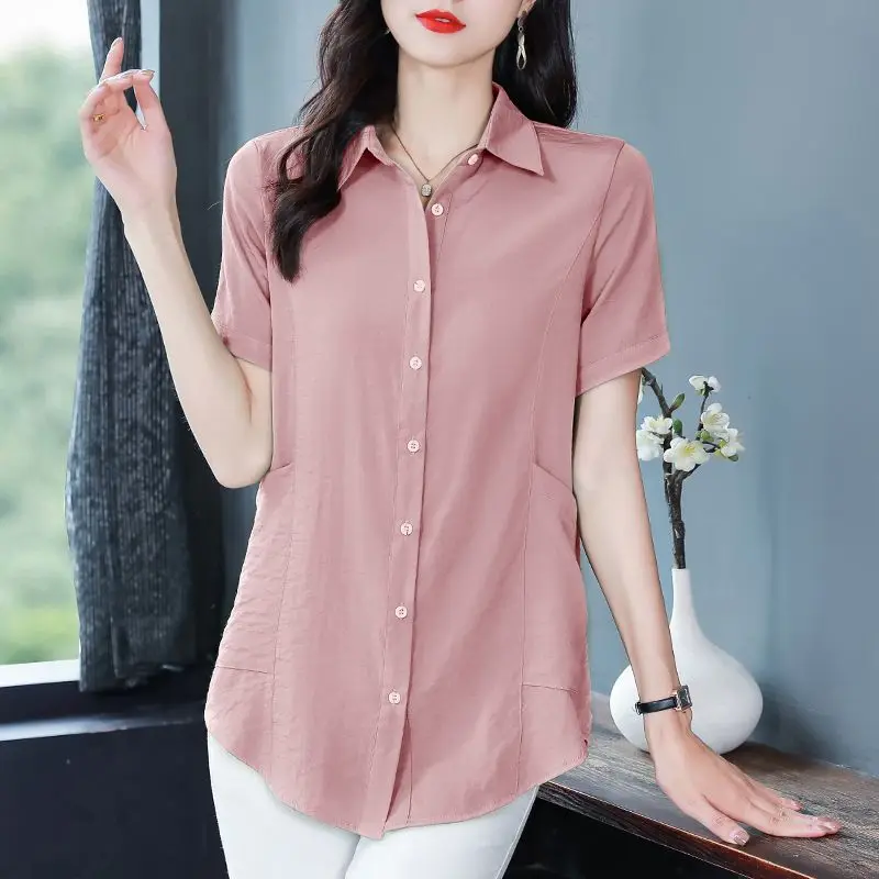 Women Summer Simplicity Loose Solid Color Polo-Neck Short Sleeve Shirts Women Clothes Casual All-match Appear Thin Elegant Tops