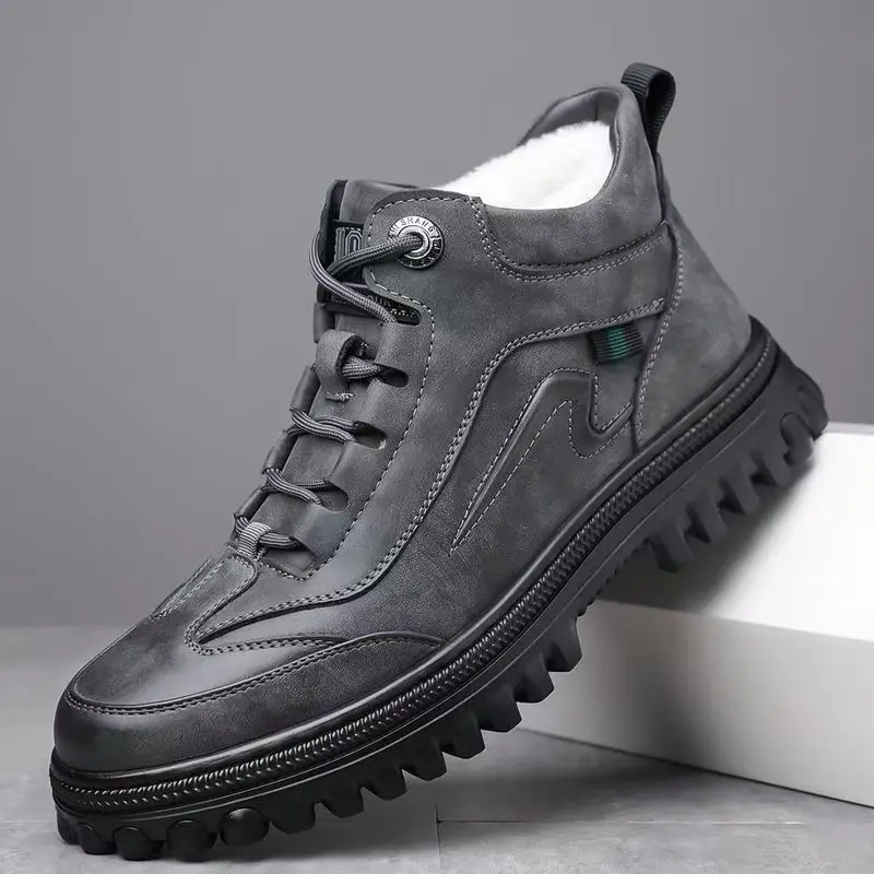 

Winter New Men Real Leather High Top Snow Boots Thick Sole Non Slip Waterproof Lace Up Thicken Plush Keep Warm Ankle Cotton Shoe