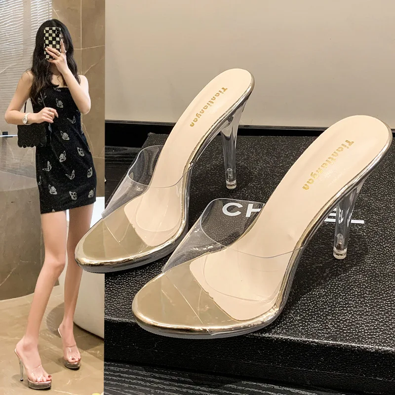 

2026 Summer Women Slipers Elegant Crystal Heels Sandals PVC Transparent Thin Heel Slippers 11CM Golden Party Walk Pumps