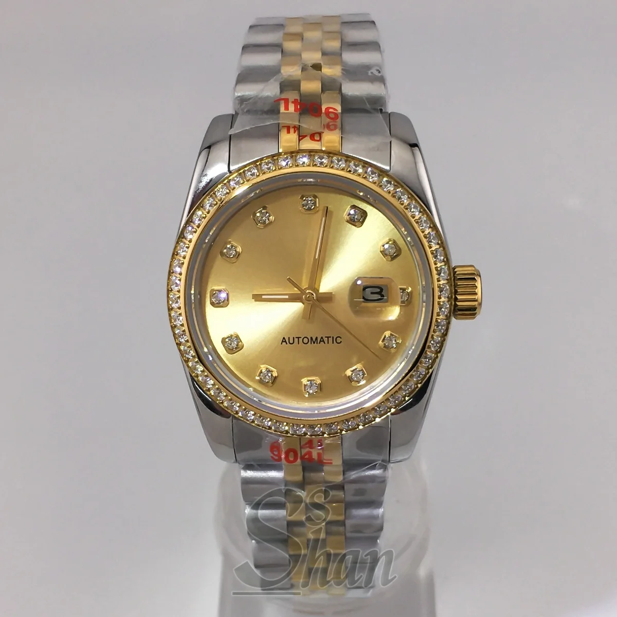 

Роскошные женские автоматические часы диаметром 31 мм, двухцветный золотой браслет, бриллиантовый безель, сапфировое стекло, золотой циферблат, указатель бриллианта, водостойкий