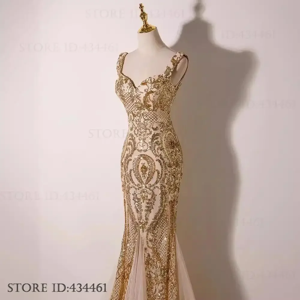 Sexy Bretels Zeemeermin Maxi Jurk Banket Prom Jurk Gouden Lovertjes vrouwen Avondfeest Jurk Patchwork Mesh Slanke Vestidos