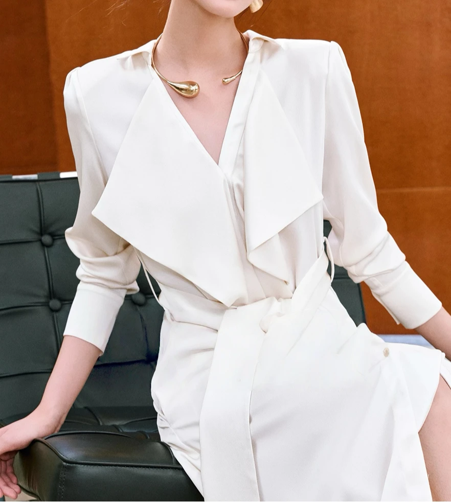 فستان أنيق باللون البيج للنساء برباط للخريف وأكمام طويلة للربيع أنيق فيستدوس ملابس ضيقة ملابس عمل للسيدات