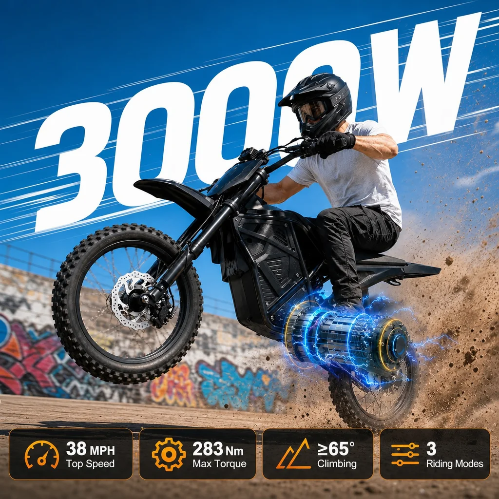 3000W Peak Power Electric Dirt Bike 48V 20.8Ah - 38MPH Off-Road Motorcycle with Dual Suspension & Dual Disc Brakes | 40-Mile Long Range, 14"/12" All-Terrain Tires, 3 Riding Modes for Adults