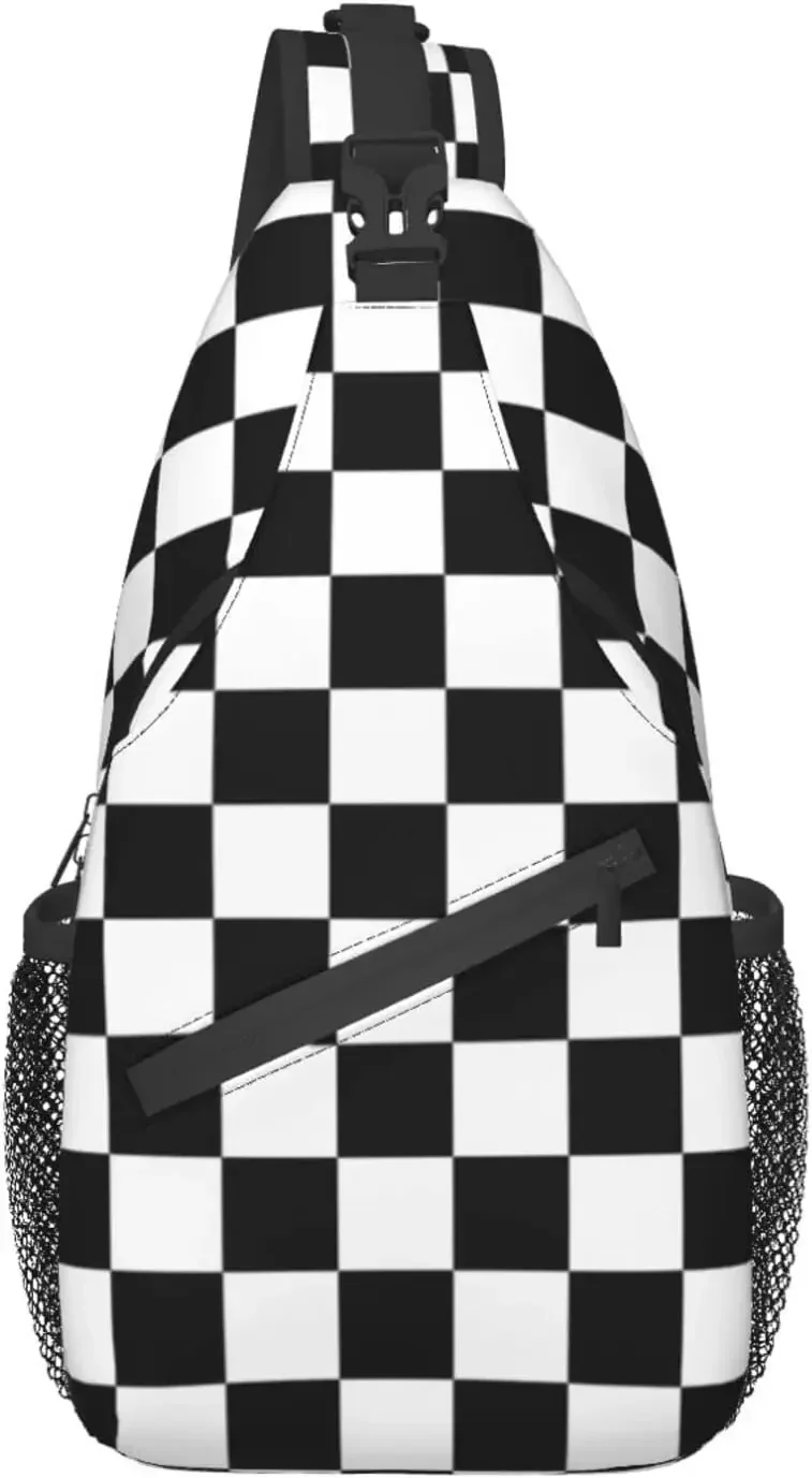 Black and White Checked Flag Sling Bag Casual Backpack Lightweight Shoulder Bag Chest Crossbody Daypack ForOutdoor Travel Hiking