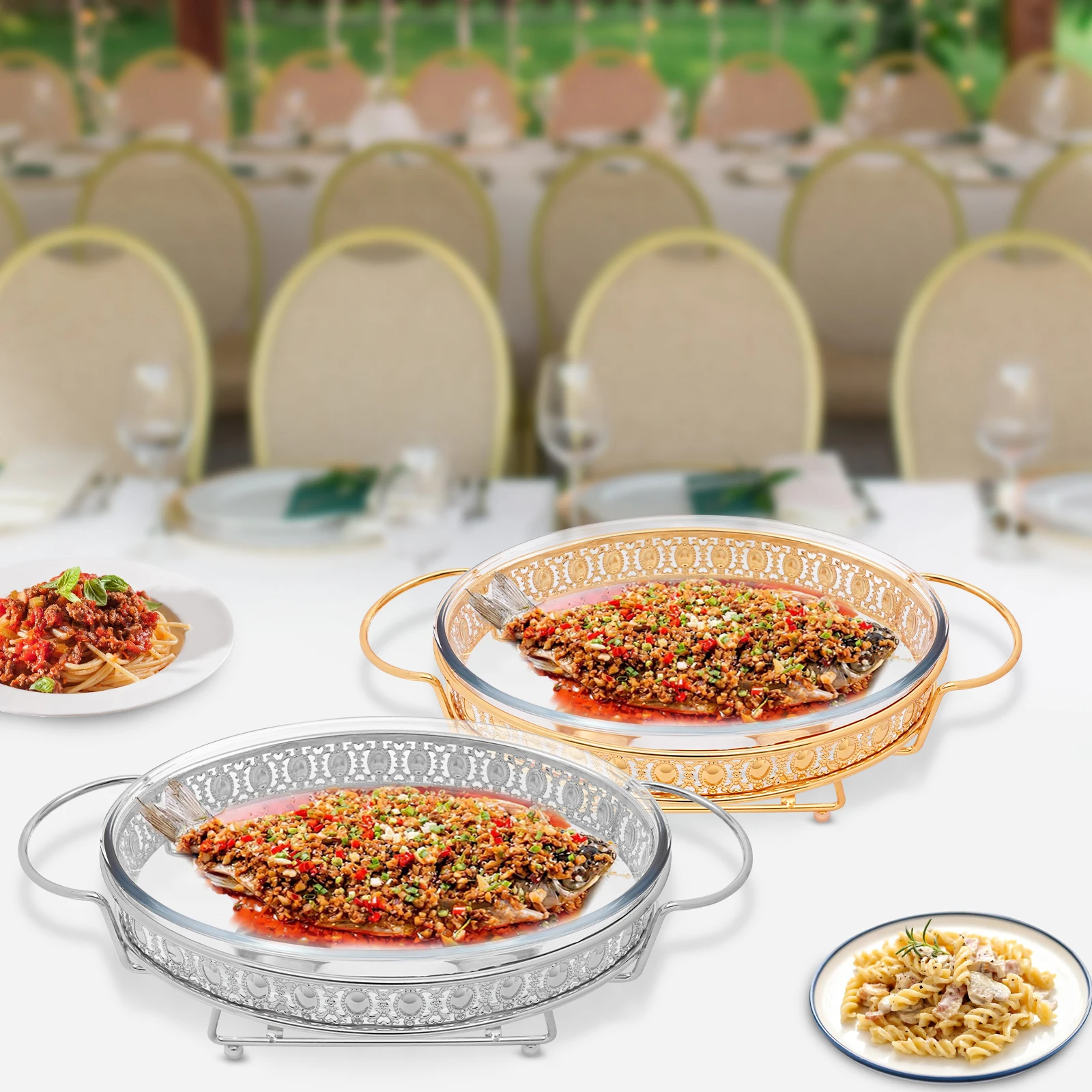 2L-Gold/Silver Glass Oval Buffet Food Serving Tray With Lid Stainless Steel Chafing Warmer Large Capacity For Restaurant Canteen