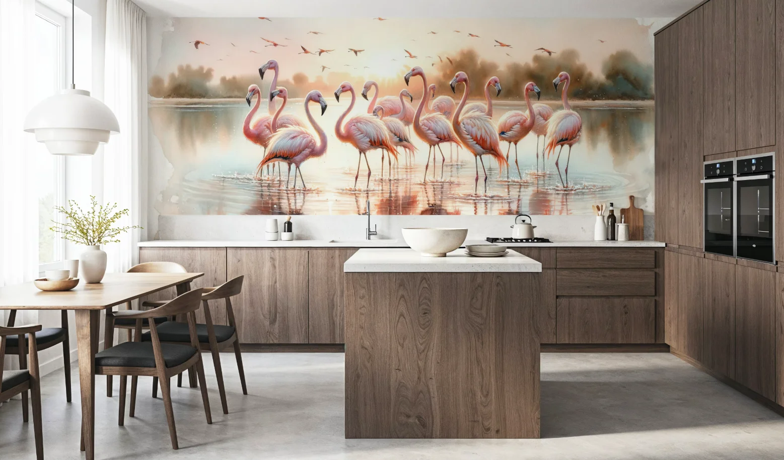 Custom size mural flamingos flock lake reflection wallpaper children's room kindergarten animal landscape mural 3d wallpaper