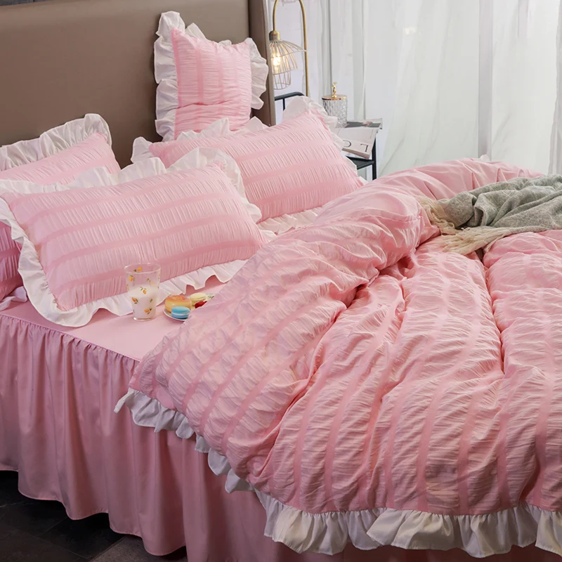 

Pink White Washed Cotton Seersucker Duvet Quilt Cover Bed Skirt Luxury Single Double Bedding Set Queen King Size Bed Linens #/