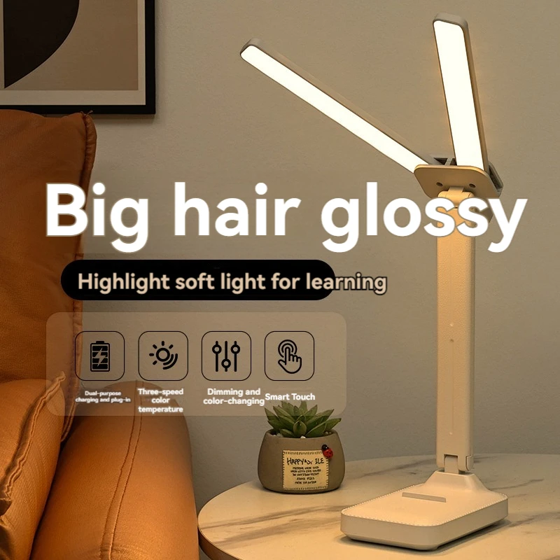 Double-Headed Table Lamp, Dimming, Foldable, Rechargeable and Plug-In Dual-Purpose LED Night Light, College Dormitory Study and