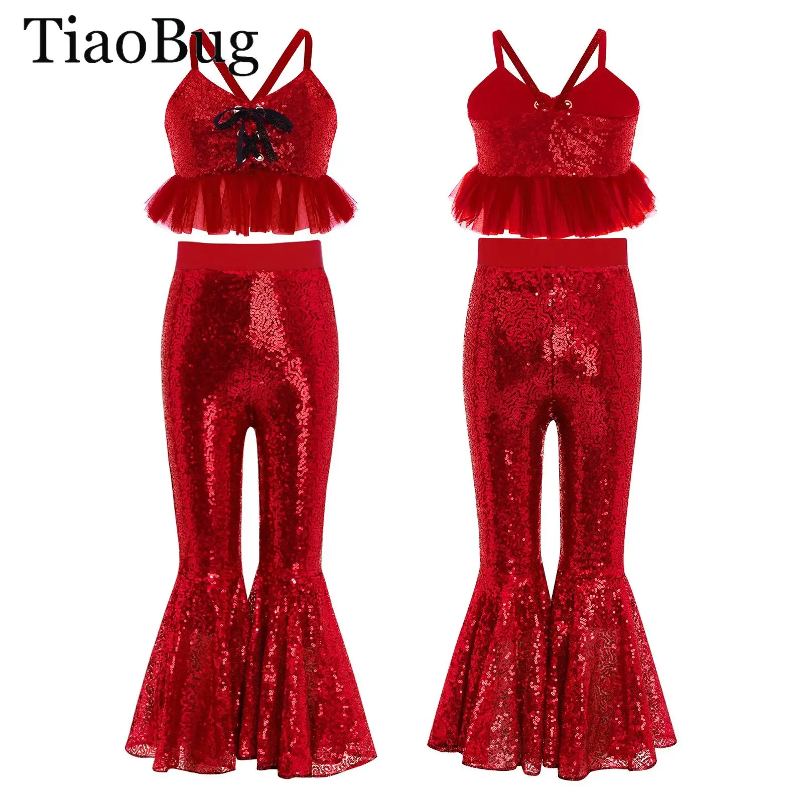 

Kids Girls Shiny Sequins Dance Outfits Tulle Ruffle Glitter Camisole with Bell-bottom Flared Pants Ballet Jazz Lyrical Dance Set
