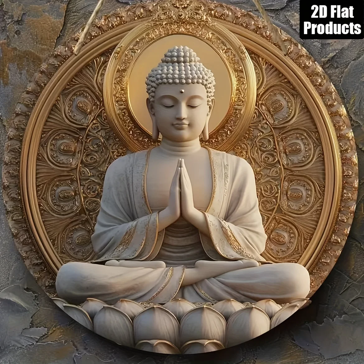 2D Flat, One 2D Flat Round Wooden Sign with Zen Buddha Theme, Featuring Golden Halo and for Lotus Base, Suitable for Bar Kitchen