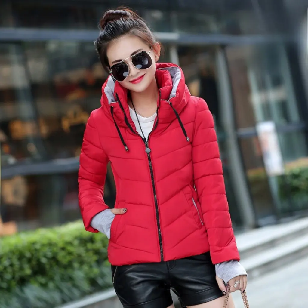 Women's down Cotton-Padded Jacket Short Stand Collar Thickened European American Style New Coat with Gloves