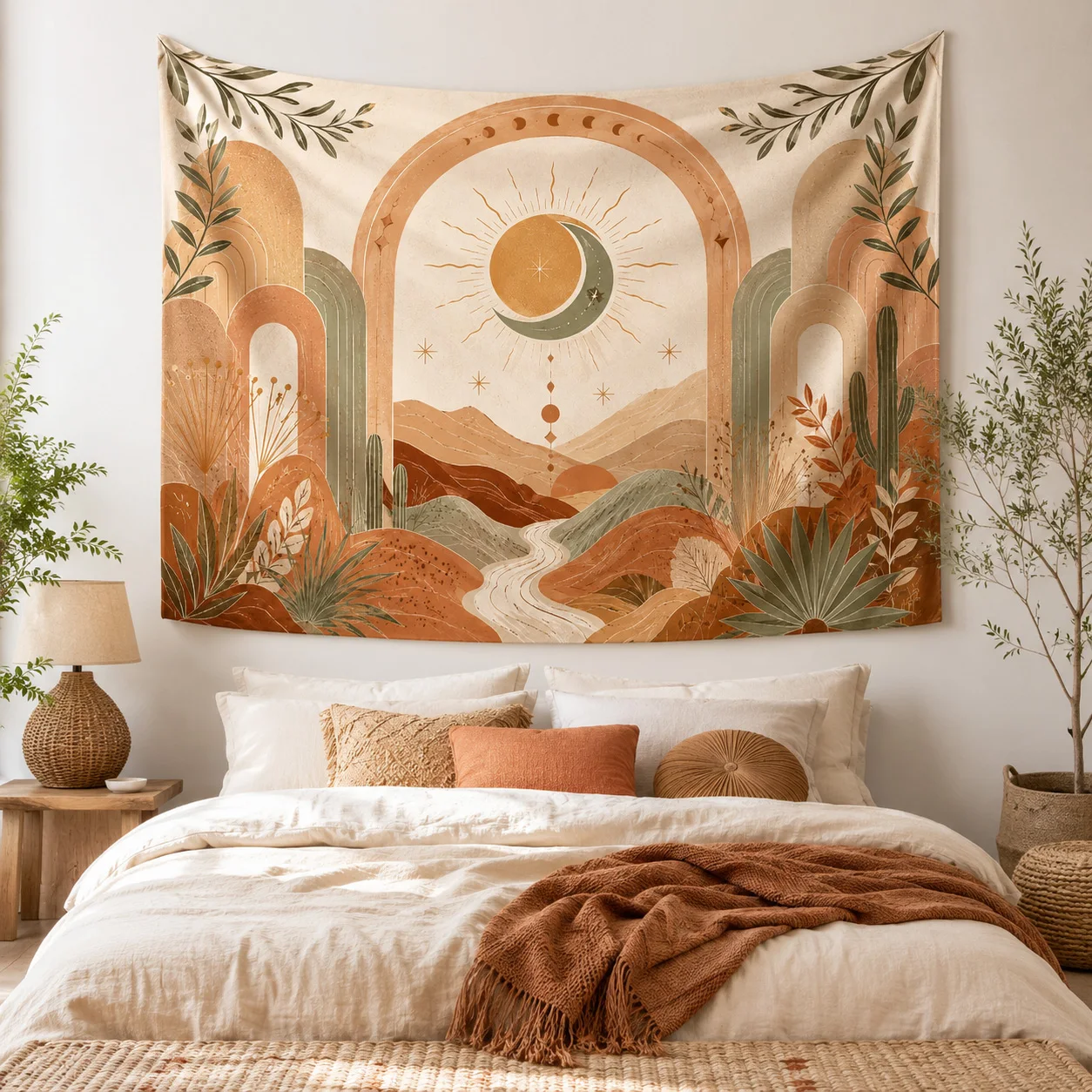 Neutral Boho Sun Moon Mountain Wall Tapestry Earth Tone Cactus Landscape Wall Art Aesthetic Bedroom Home Decor Gift