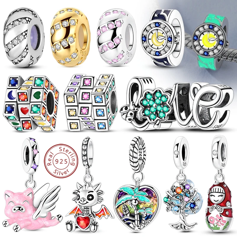 Original 925 prata esterlina charme contas estrela lua relógio cubo charme para pulseira pingente diy fino feminino menina senhora jóias presentes