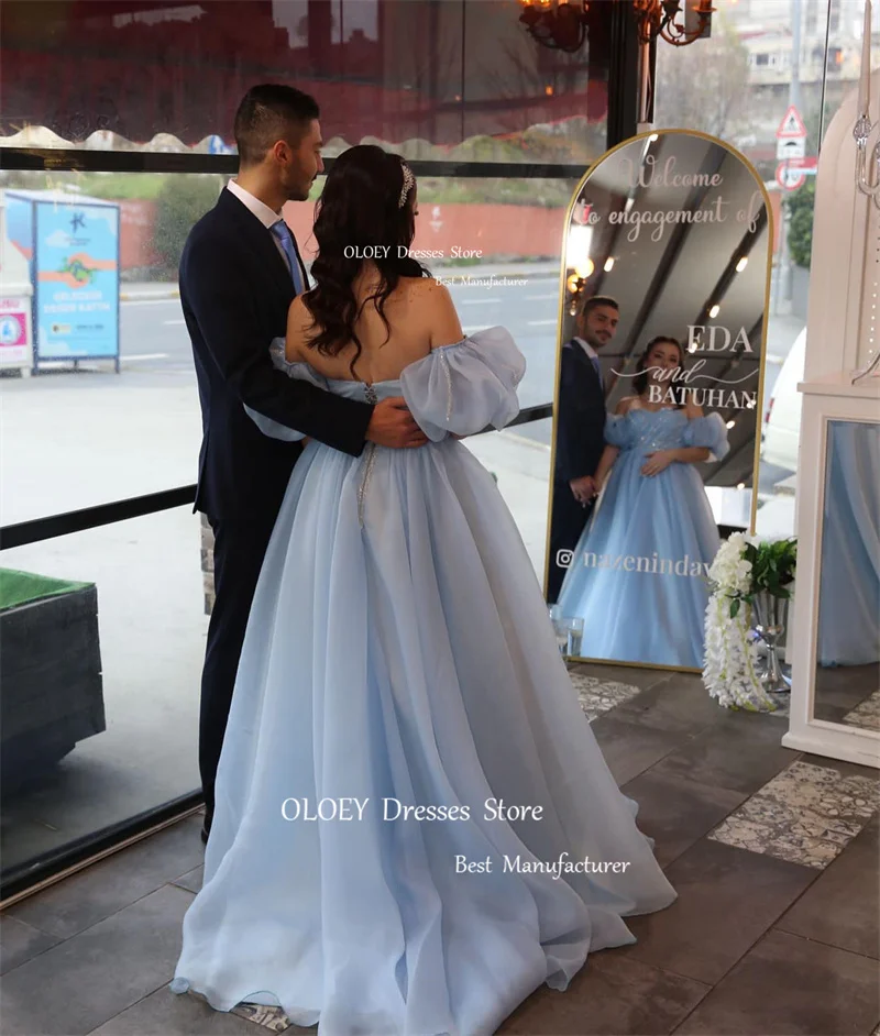 OLOEY Glitter A Line Light Blue Evening Dresses Short Puff Sleeves Organza Wedding Gowns Prom Dress Plus Size Vestidos 2024