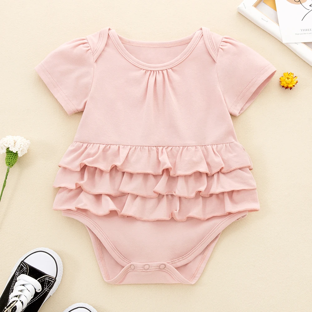 

Envelope Neck Line Baby Cotton Romper Short Sleeved Pink Infants Bubble Bodysuit 3-24M