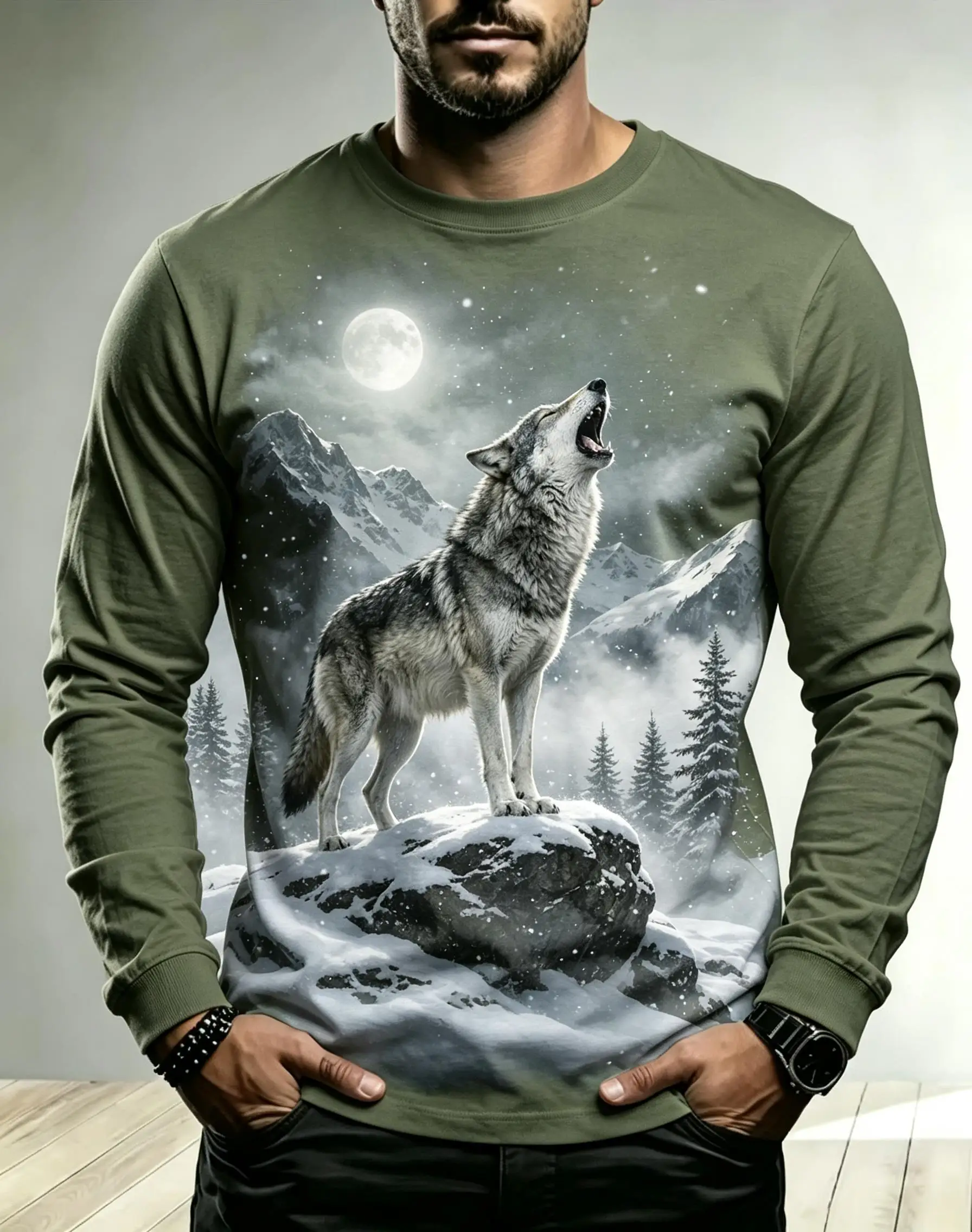 Men Crew Neck Long Sleeve T-shirt, Dark Gray Wolf Howling Moon Snow Mountain Pine Forest Print Casual Top