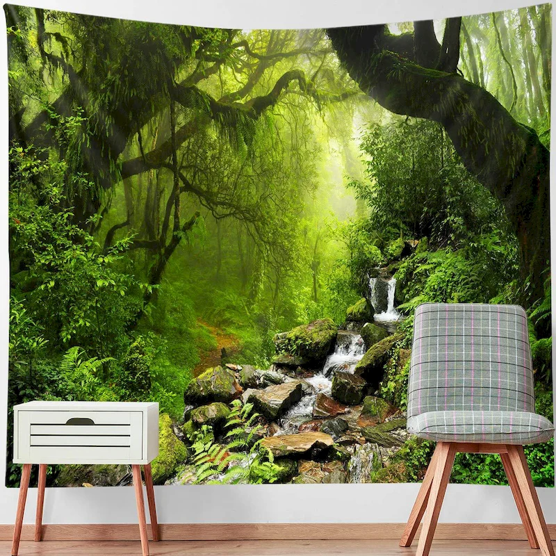 VIKAMA Deep Mist Forest Tapestry Blue Light Pine Forest Wall Hanging Background Cloth Bedroom Living Room Home Wall Decoration