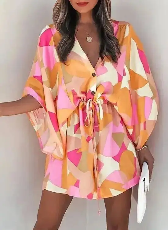 2025 American Women's Cross Border Summer New Product Fashion Print V-Neck Lace Up Casual Vacation Dress Fashion Tops 7W2D