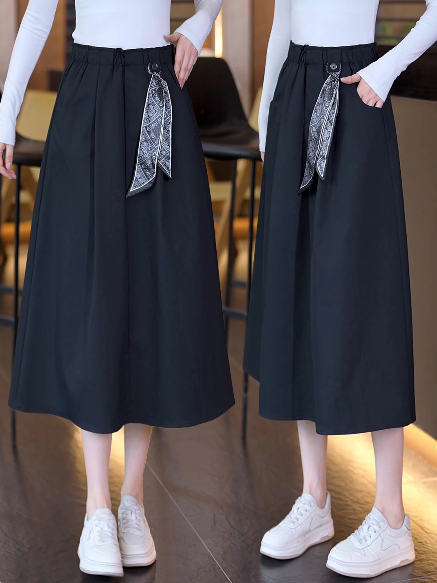 

Женская юбка-миди А-силуэта с высокой талией, весна-осень 2026, новая, эластичная, утягивающая, скрывающая бедра, в корейском стиле, повседневная