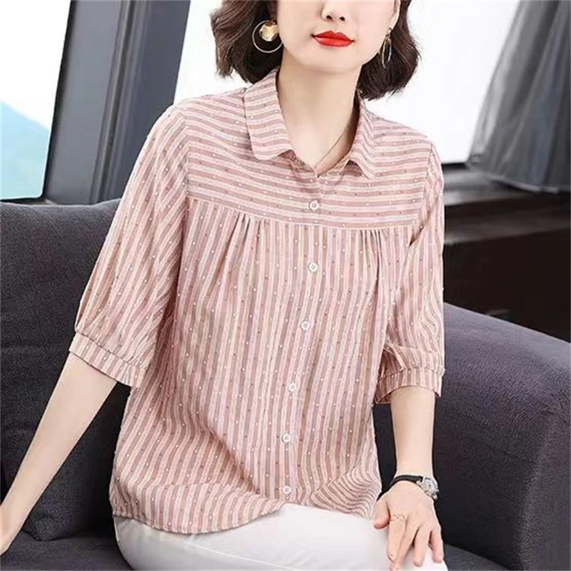 Women\'s Korean Fashion Striped Print Button Up Shirt Elegant Commute Half Sleeve Blouse Summer Casual Loose Tops Blusas De Mujer